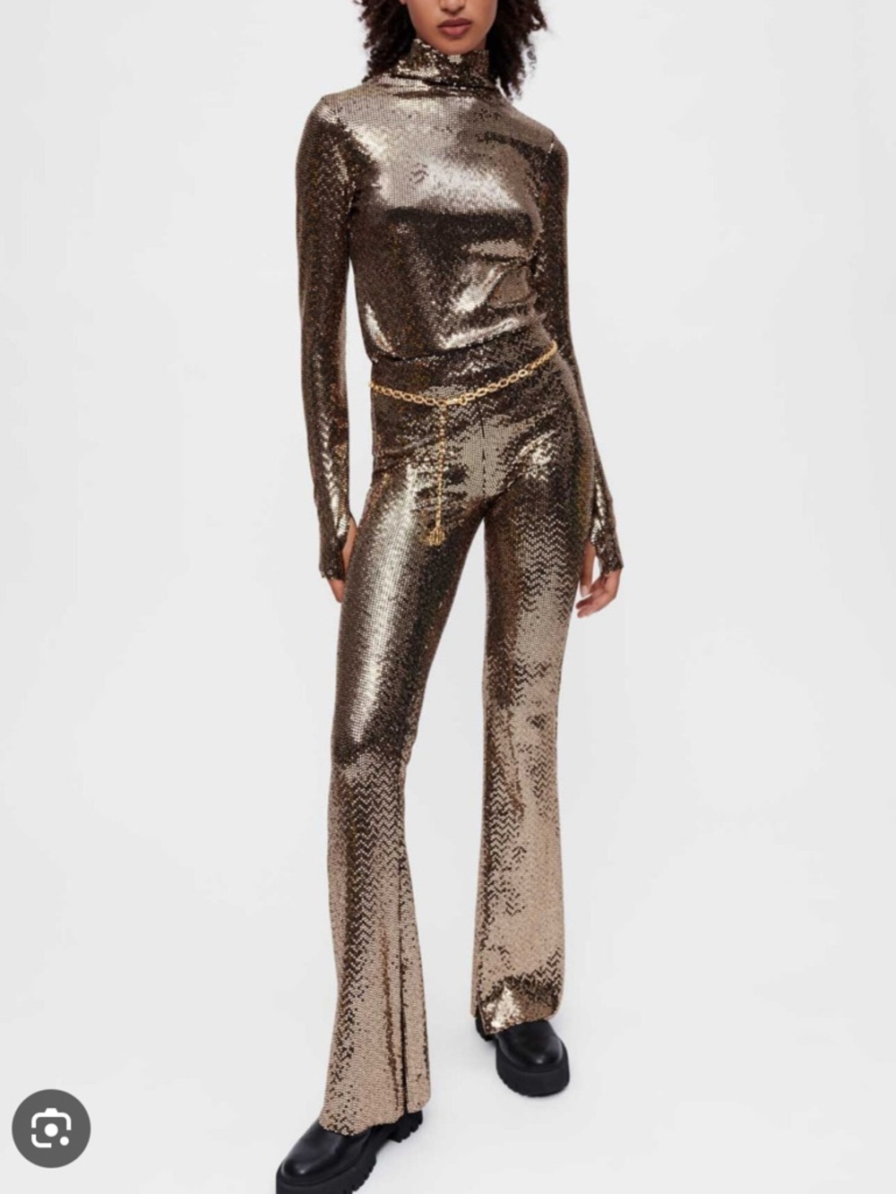 Maje Metallic Sequin Stretch Gold Flared High-Rise Disco Pants XS 34